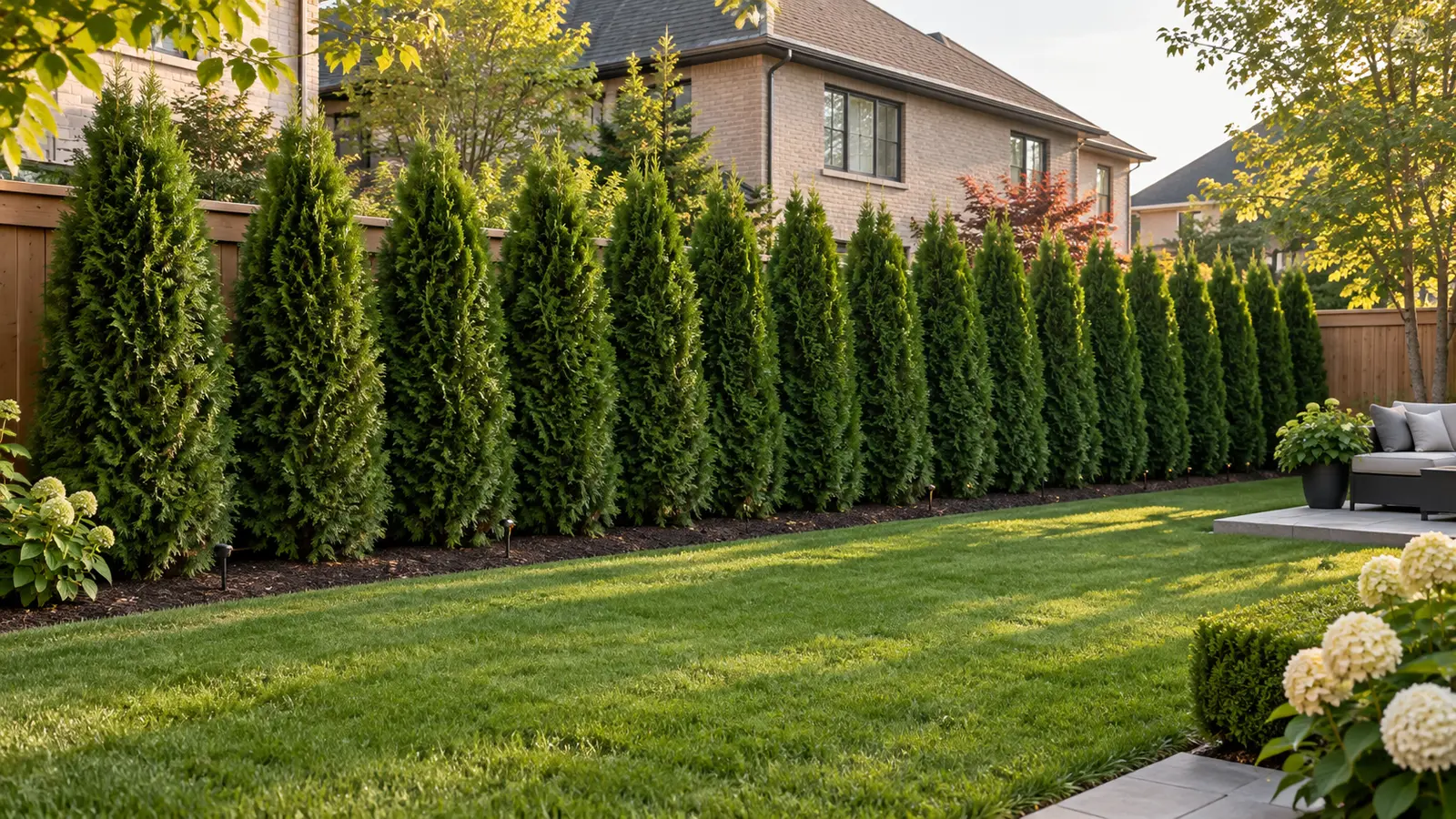 Emerald Cedar privacy hedge planted in a Toronto backyard